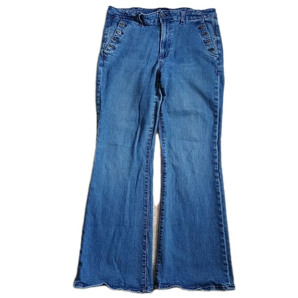Gap 70s Flare High Rise Blue Jeans Women 34x29 Actual Stretch Bell Bottom Hippie